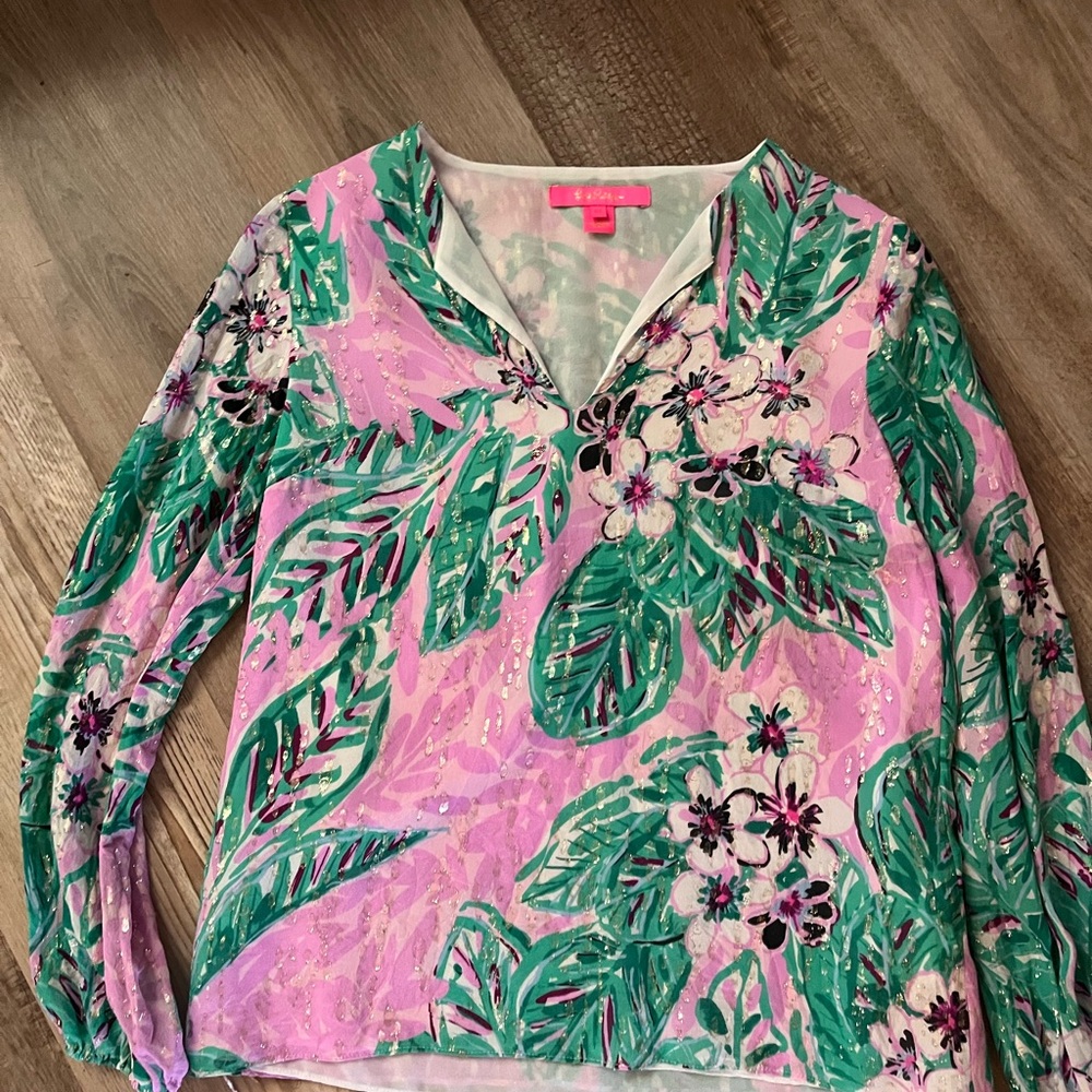 Lilly Pulitzer Pink Floral Long-Sleeve V-Neck Top
